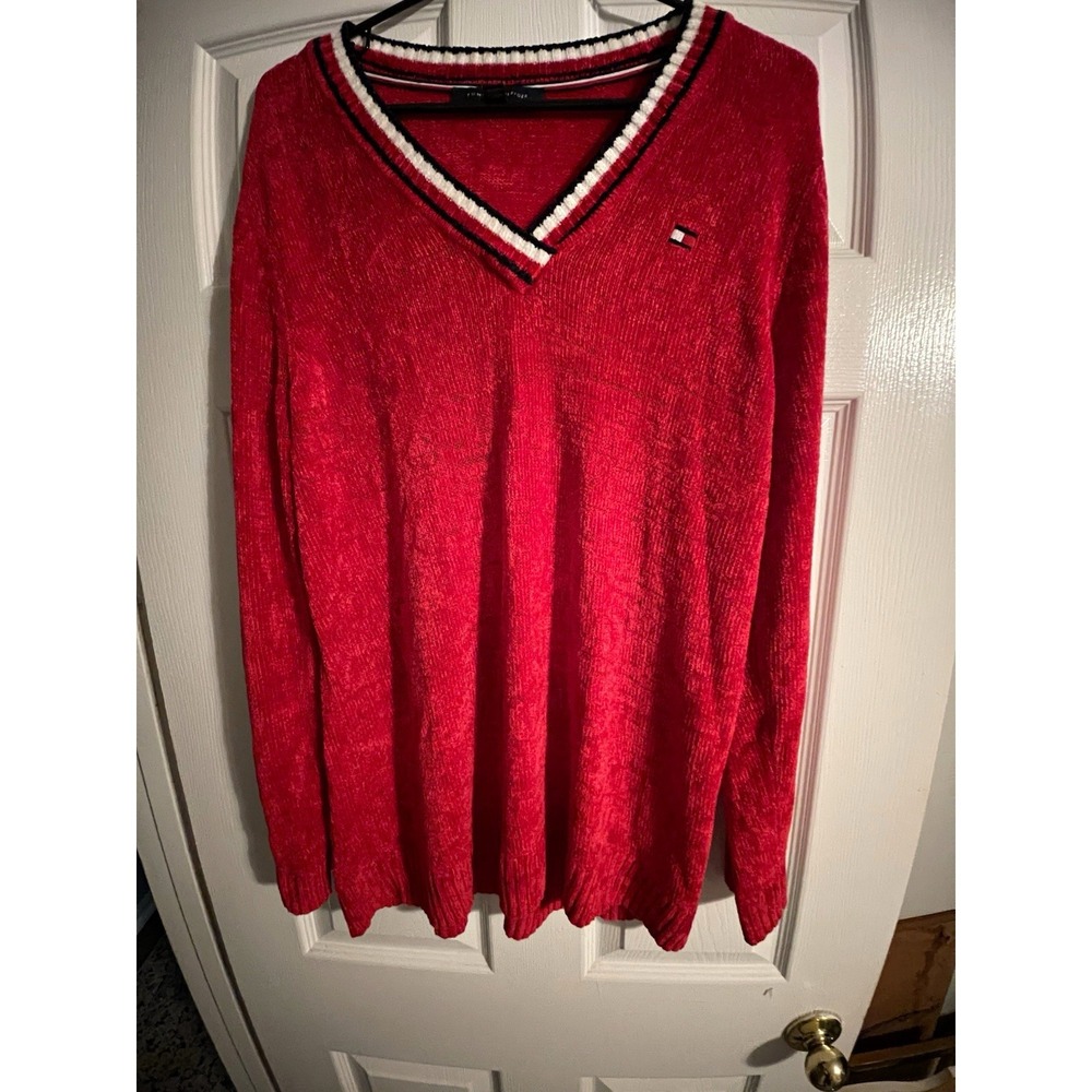 Tommy Hilfiger Womens Red Chenille V-Neck Sweater Striped Trim XL Preppy Sporty